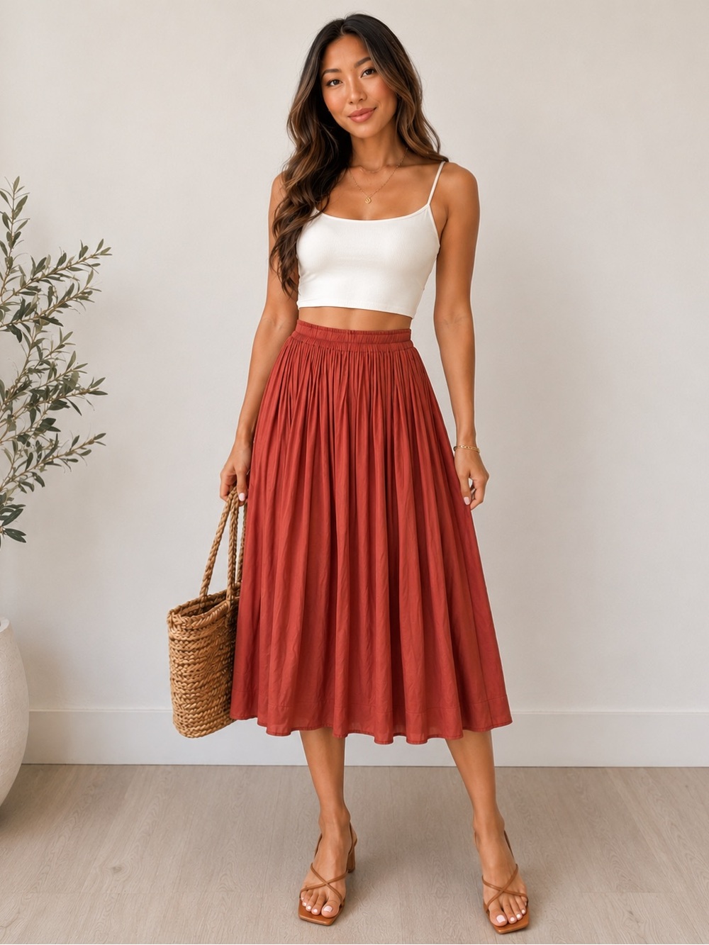 Women's Rust Midi Skirt - Elegant Gathered Waist UNIQLO Small